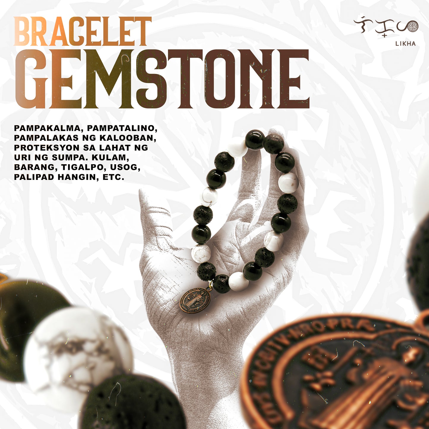 Gem-Stone Bracelet with Howlite, Black Obsidian and Lava Stone