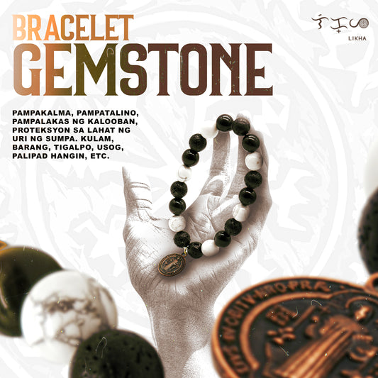 Gem-Stone Bracelet with Howlite, Black Obsidian and Lava Stone