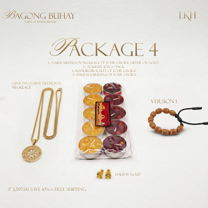 BAGONG BUHAY GABAY AT SWERTE BUNDLE 4: Gabay Medalyon Pangkalahatan (Silver or Gold) + Kandili Bracelet + Dalisay Earrings + FREE 10pcs INSENSO CANDLES + 10% Discount