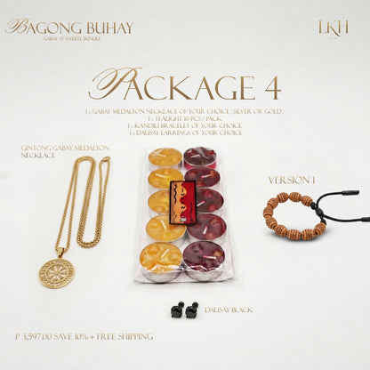BAGONG BUHAY GABAY AT SWERTE BUNDLE 4: Gabay Medalyon Pangkalahatan (Silver or Gold) + Kandili Bracelet + Dalisay Earrings + FREE 10pcs INSENSO CANDLES + 10% Discount