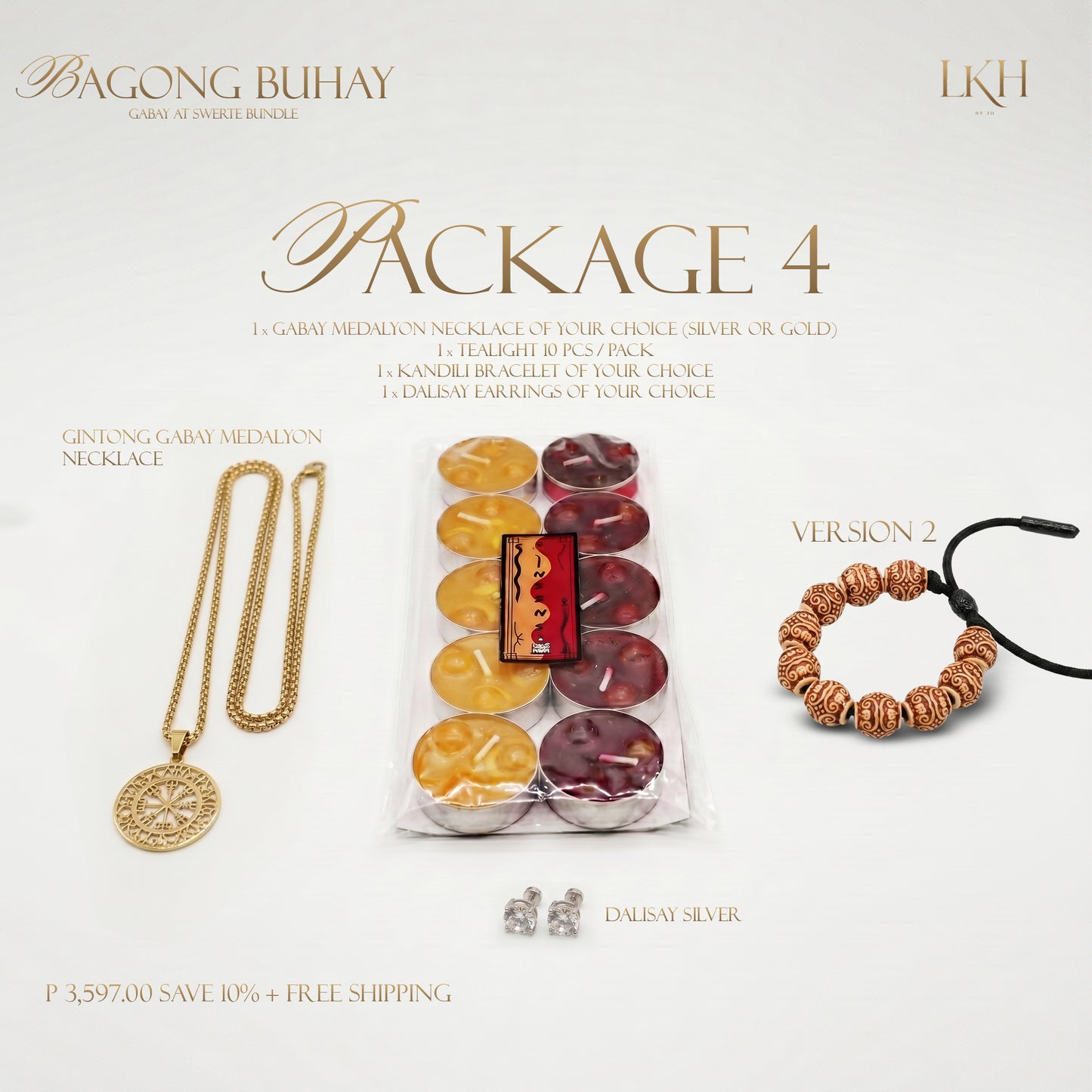 BAGONG BUHAY GABAY AT SWERTE BUNDLE 4: Gabay Medalyon Pangkalahatan (Silver or Gold) + Kandili Bracelet + Dalisay Earrings + FREE 10pcs INSENSO CANDLES + 10% Discount
