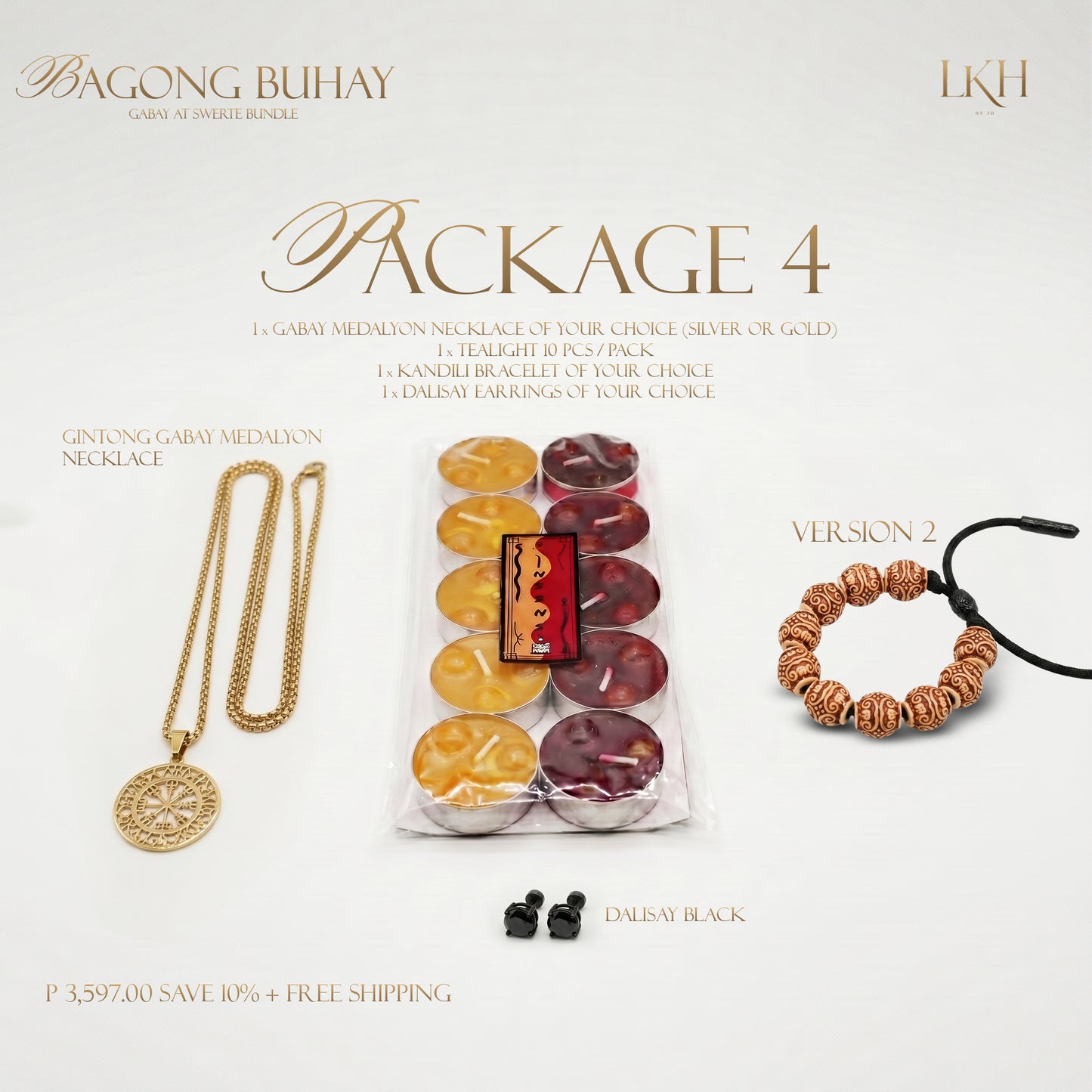 BAGONG BUHAY GABAY AT SWERTE BUNDLE 4: Gabay Medalyon Pangkalahatan (Silver or Gold) + Kandili Bracelet + Dalisay Earrings + FREE 10pcs INSENSO CANDLES + 10% Discount