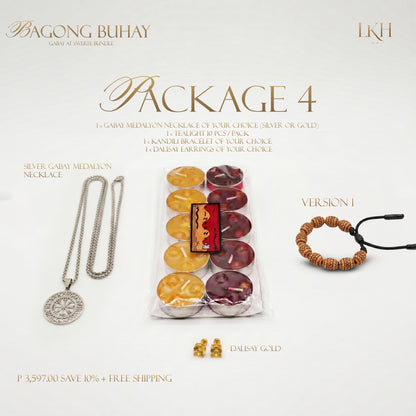BAGONG BUHAY GABAY AT SWERTE BUNDLE 4: Gabay Medalyon Pangkalahatan (Silver or Gold) + Kandili Bracelet + Dalisay Earrings + FREE 10pcs INSENSO CANDLES + 10% Discount