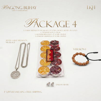 BAGONG BUHAY GABAY AT SWERTE BUNDLE 4: Gabay Medalyon Pangkalahatan (Silver or Gold) + Kandili Bracelet + Dalisay Earrings + FREE 10pcs INSENSO CANDLES + 10% Discount
