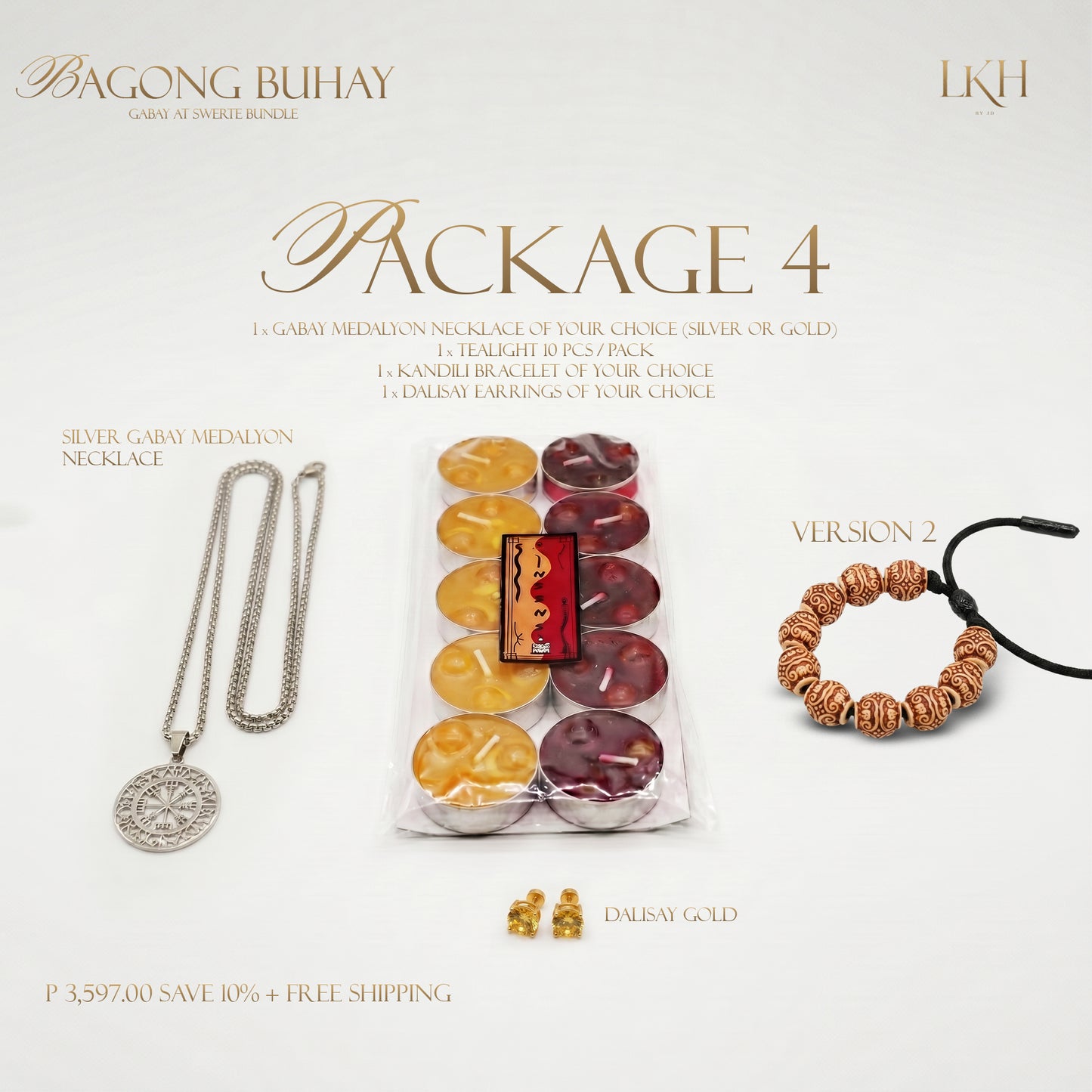 BAGONG BUHAY GABAY AT SWERTE BUNDLE 4: Gabay Medalyon Pangkalahatan (Silver or Gold) + Kandili Bracelet + Dalisay Earrings + FREE 10pcs INSENSO CANDLES + 10% Discount