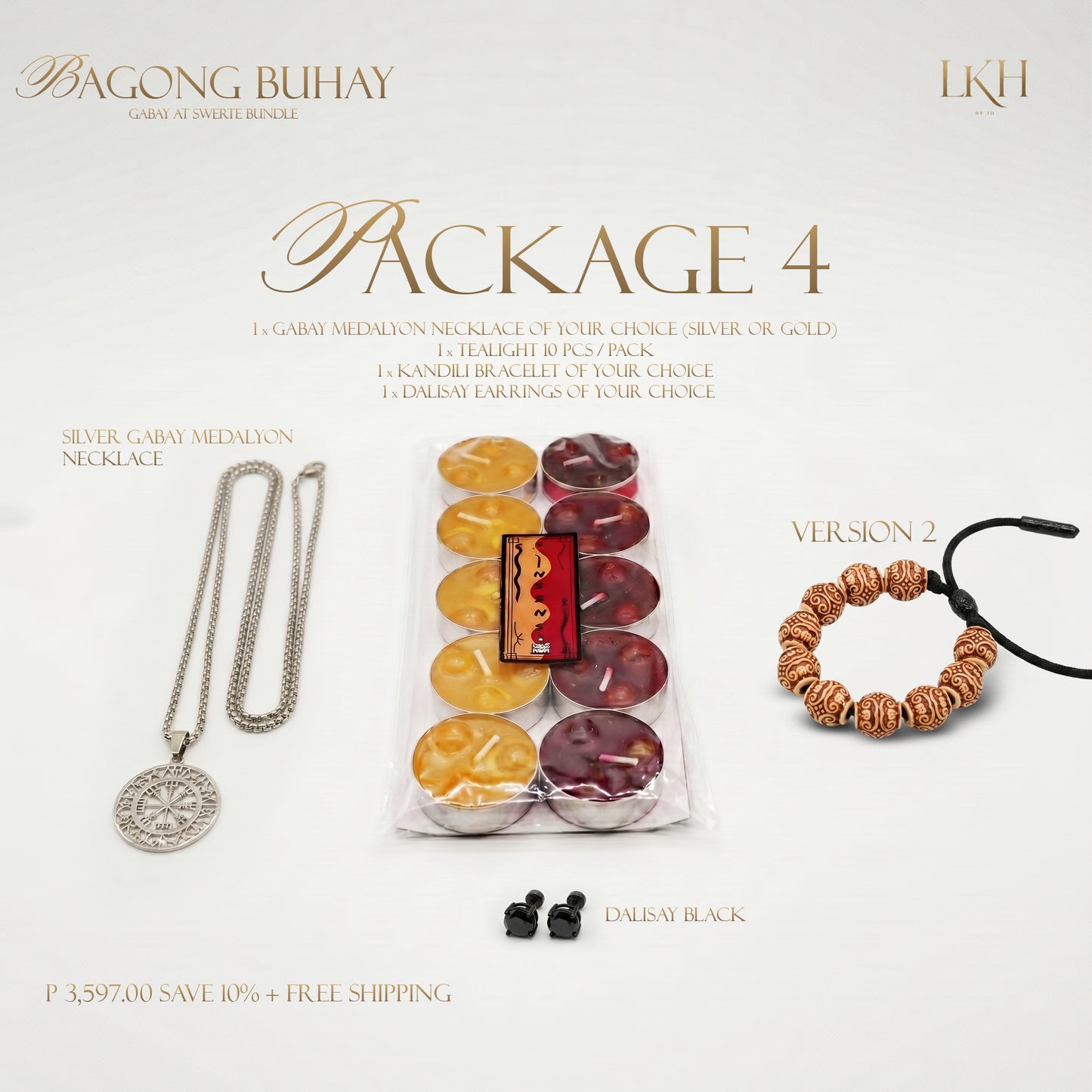 BAGONG BUHAY GABAY AT SWERTE BUNDLE 4: Gabay Medalyon Pangkalahatan (Silver or Gold) + Kandili Bracelet + Dalisay Earrings + FREE 10pcs INSENSO CANDLES + 10% Discount