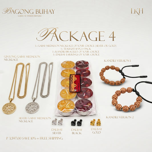 BAGONG BUHAY GABAY AT SWERTE BUNDLE 4: Gabay Medalyon Pangkalahatan (Silver or Gold) + Kandili Bracelet + Dalisay Earrings + FREE 10pcs INSENSO CANDLES + 10% Discount