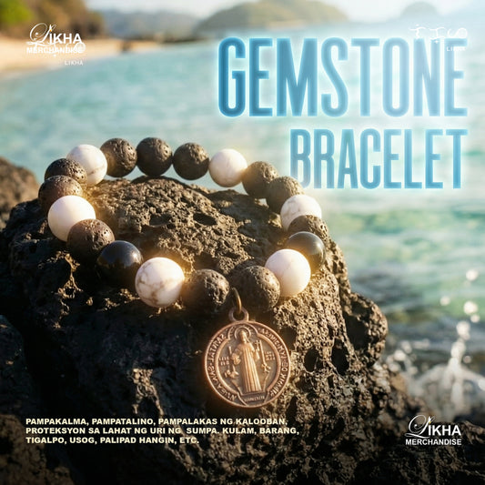 Gem-Stone Bracelet with Howlite, Black Obsidian and Lava Stone