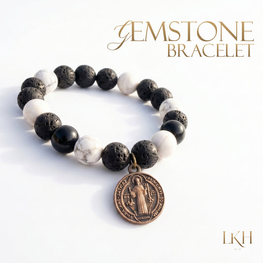 Gem-Stone Bracelet with Howlite, Black Obsidian and Lava Stone